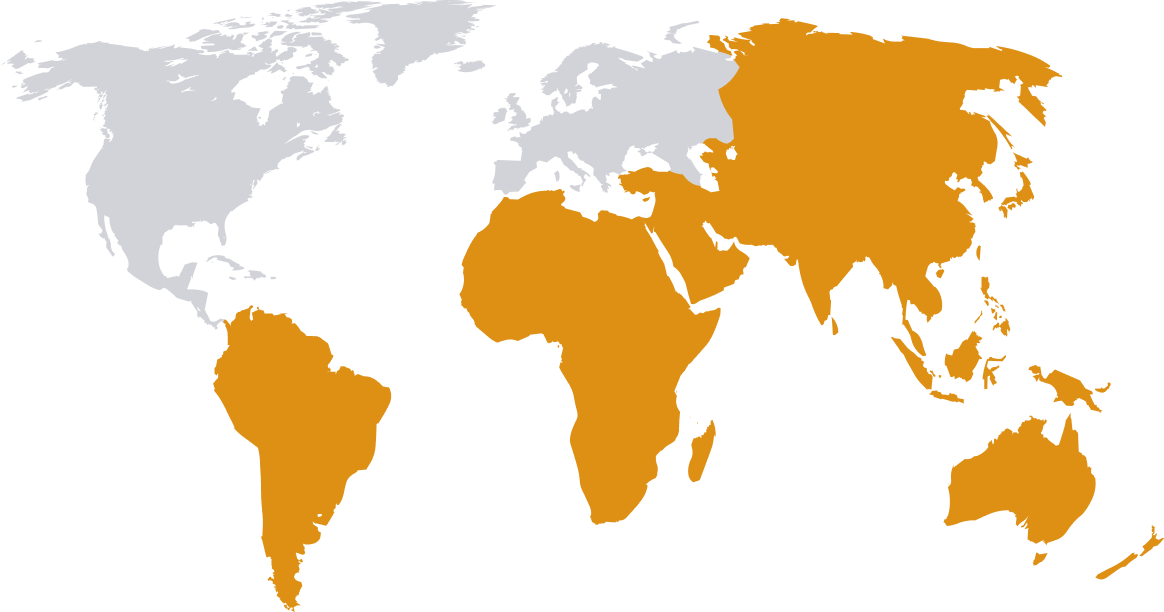 Asia, Middle East, East Europe, South America, Africa, Australia